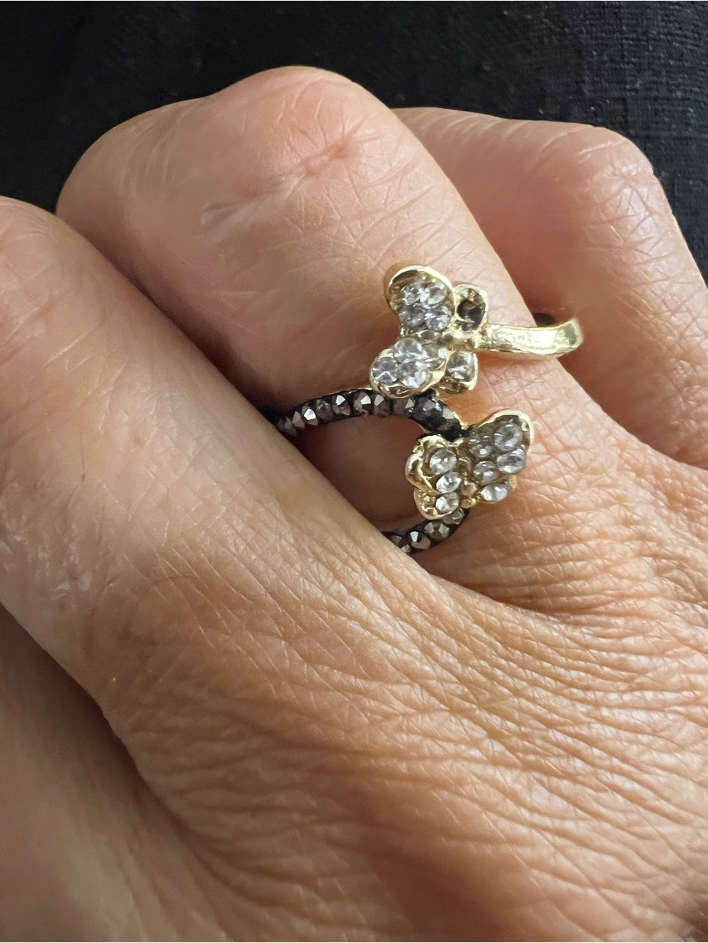 Black White Crystal Butterfly Ring. Adjustable. New